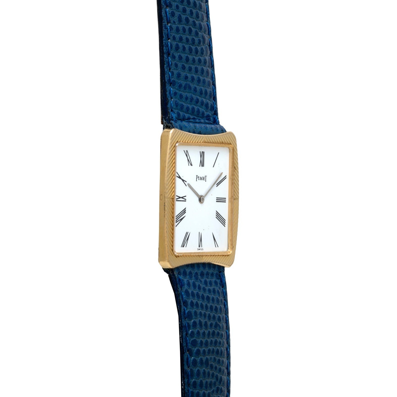 The Cartier Protocole is a gold square wristwatch featuring a blue textured strap and Roman numerals on its white face.