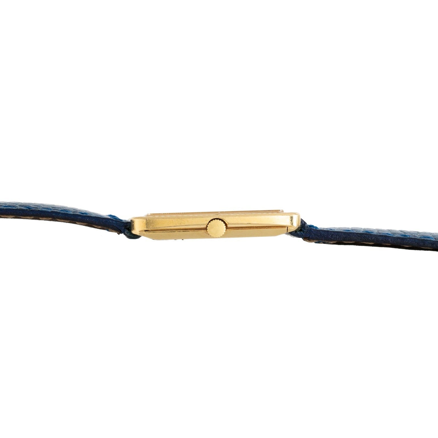 Side view of the Cartier Protocole gold wristwatch with a blue strap, highlighting the crown and slim case.