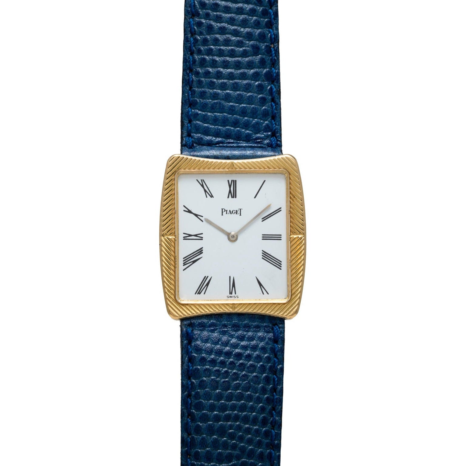A gold Cartier Protocole wristwatch featuring a white face, Roman numerals, and a textured blue leather strap.