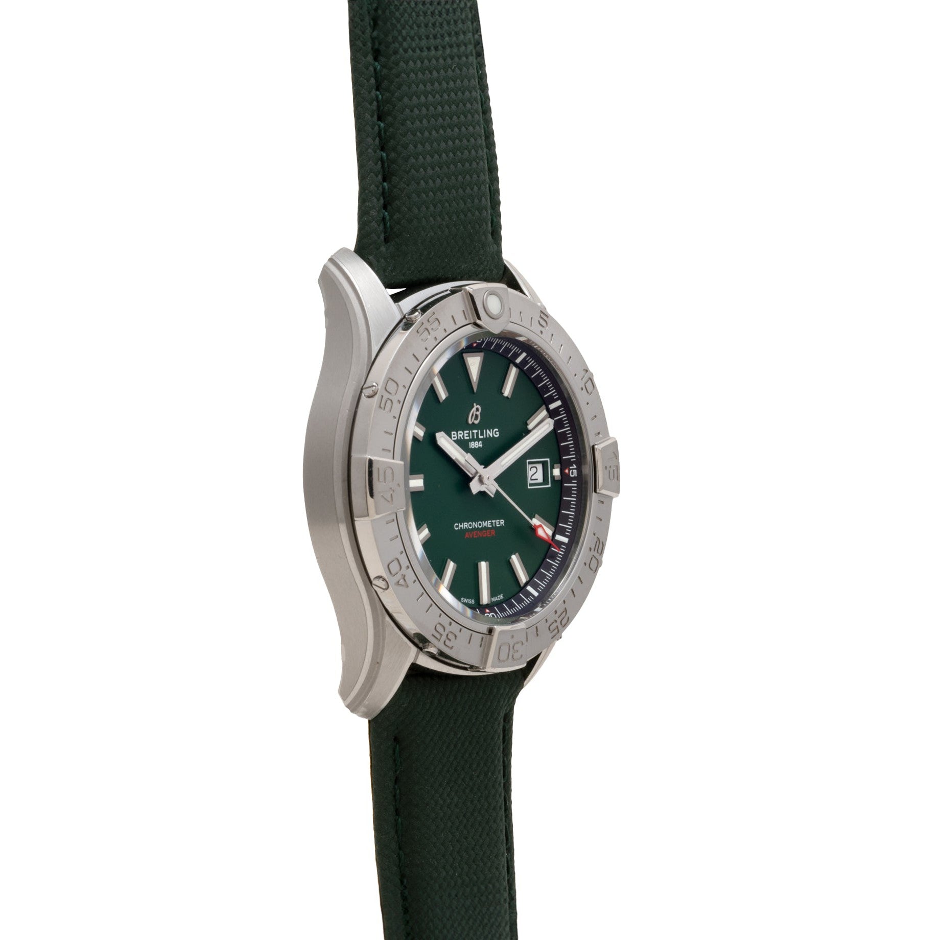 The Breitling Avenger Automatic 42 features a green dial, green strap, and silver bezel, displayed from a side angle.