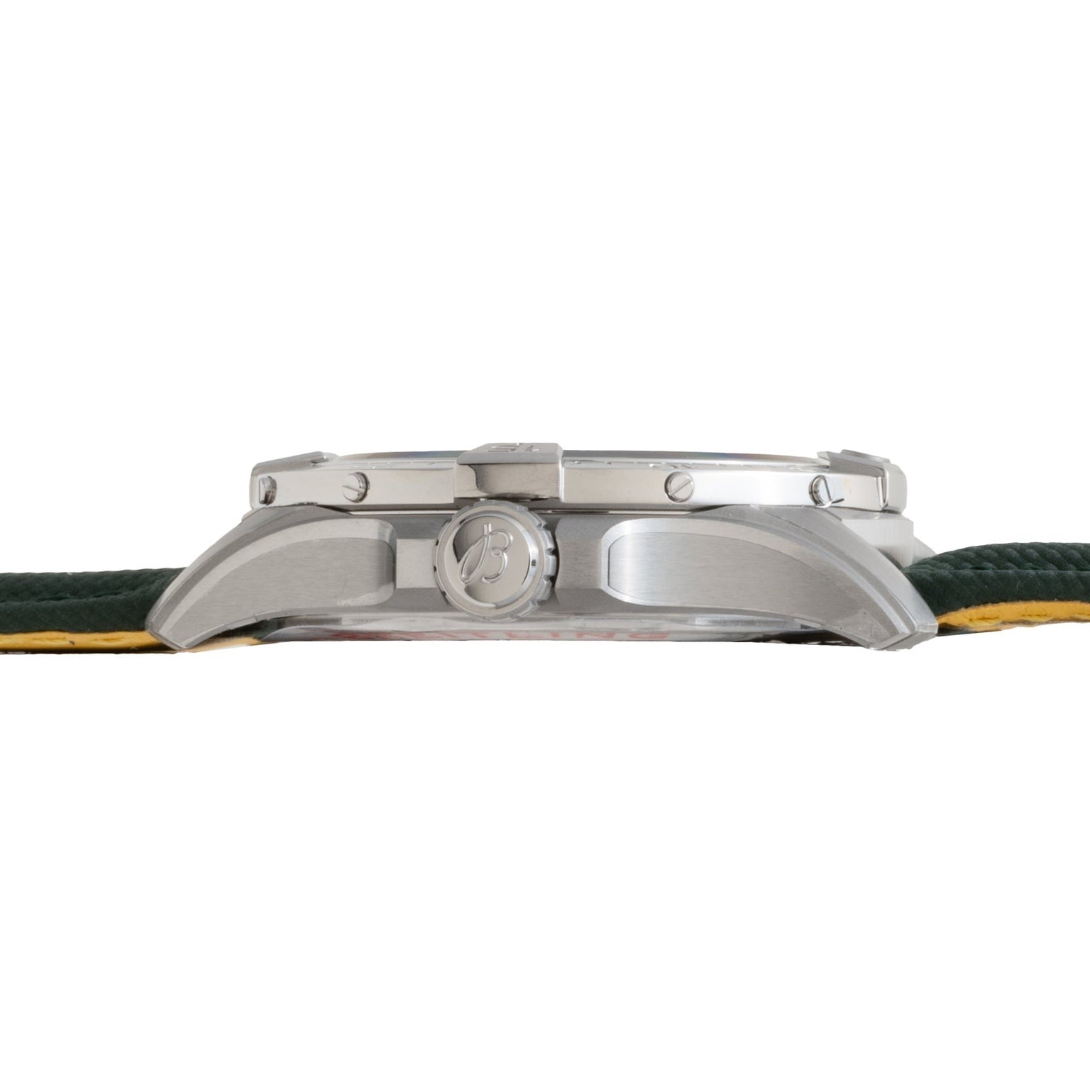 Side view of the Breitling Avenger Automatic 42, a silver wristwatch featuring a green strap and textured crown.