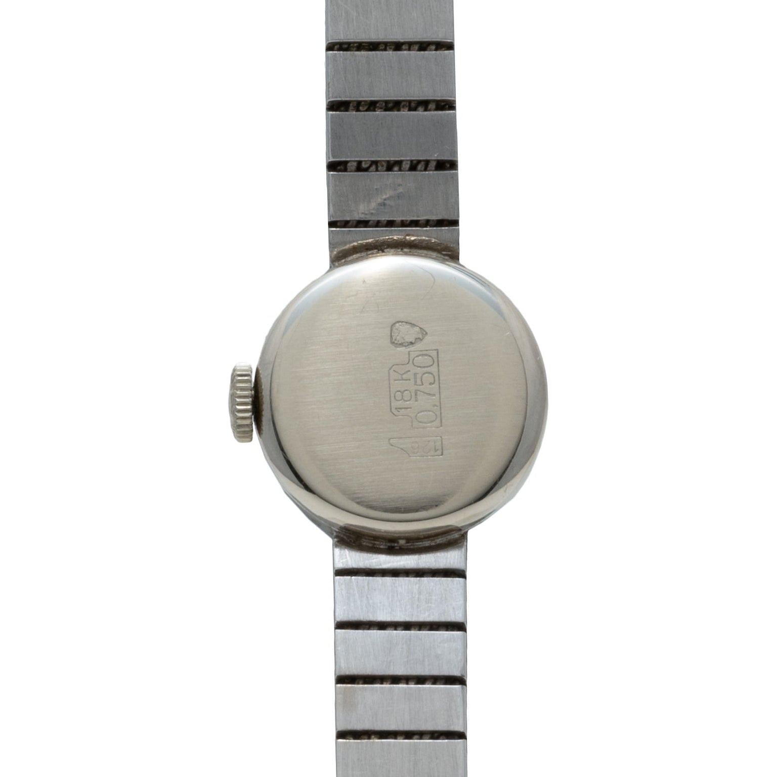 Back of Longines Diamond Cocktail Watch with metal band, featuring engravings such as 18K 0.750 and a small emblem.