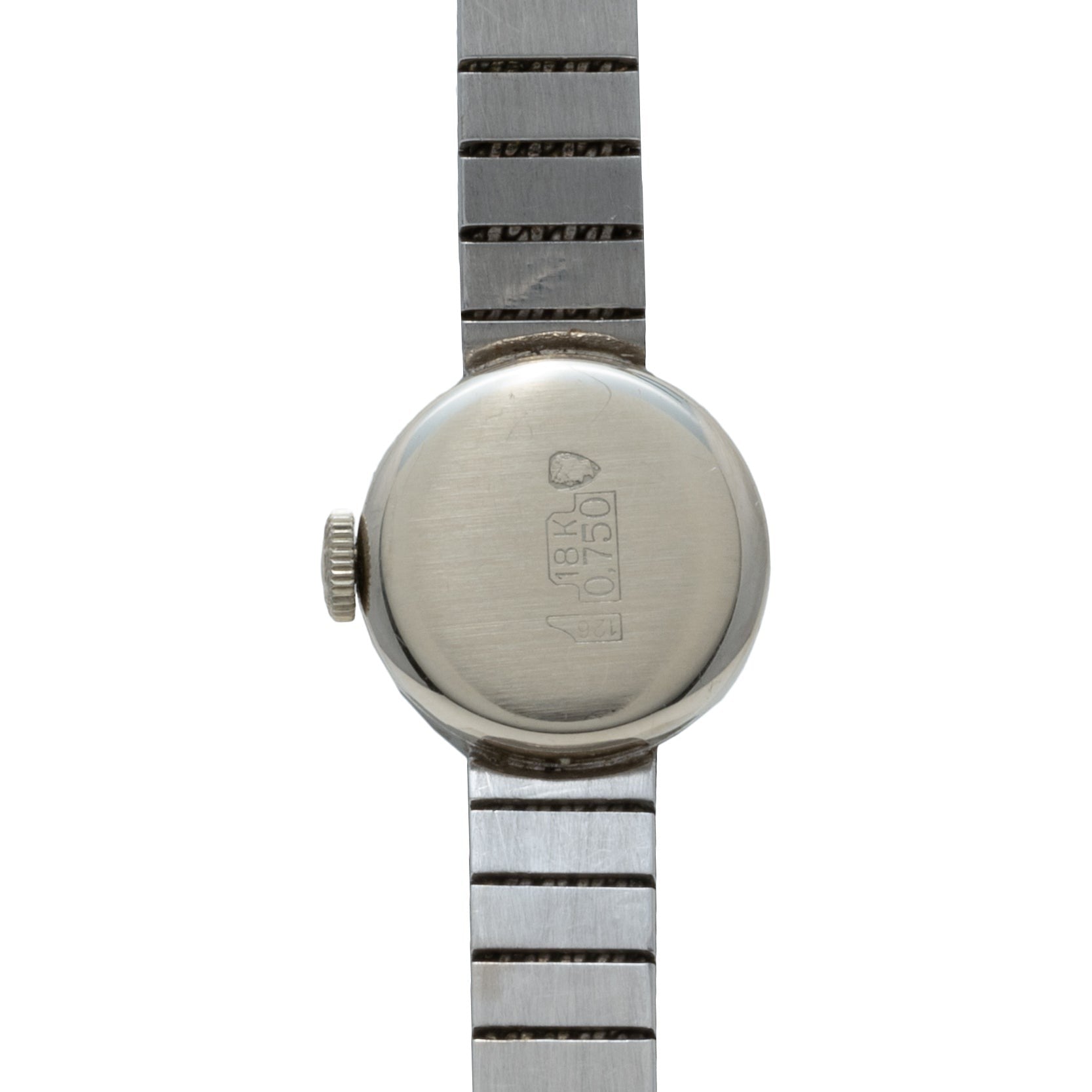 Back of Longines Diamond Cocktail Watch with metal band, featuring engravings such as 18K 0.750 and a small emblem.