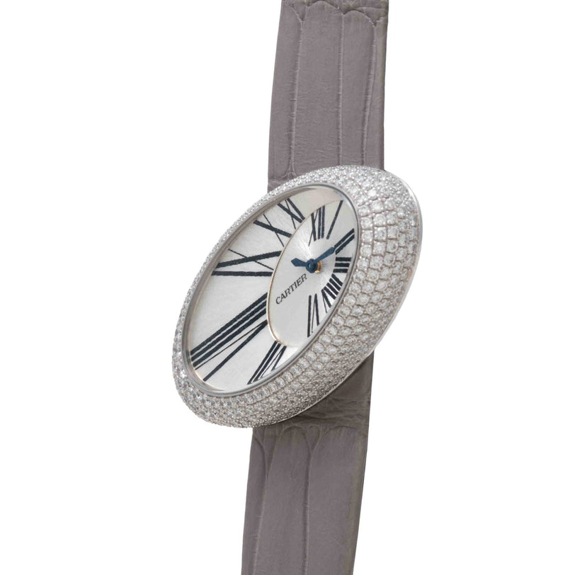 The Cartier Libre Hypnose is a luxury watch featuring a diamond-encrusted oval face, Roman numerals, and a gray leather strap.