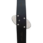 Close-up of a Cartier Libre Hypnose black leather belt highlighting the metal buckle details and engraved text.
