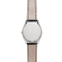 Back view of the Patek Philippe Tonneau Perpetual Calendar wristwatch with a plain silver case and beige leather strap featuring stitched edges.