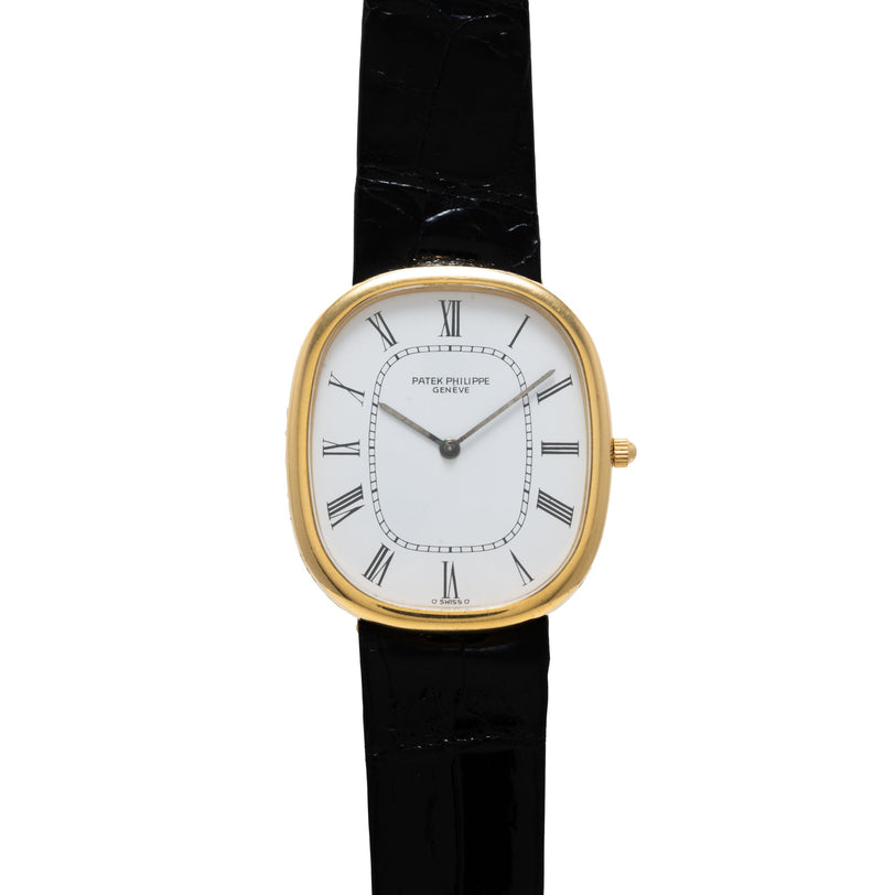 The Patek Philippe Ellipse watch features a gold case, black leather strap, white dial, and Roman numerals, displayed at 10:10.