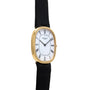 Patek Philippe Ellipse watch with gold case, black strap, and Roman numerals on a white face shown at an angle.
