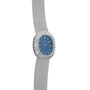Patek Philippe Ellipse Ladies Dress Watch with a blue face and diamond-encrusted bezel on a mesh metal band, angled to the left.
