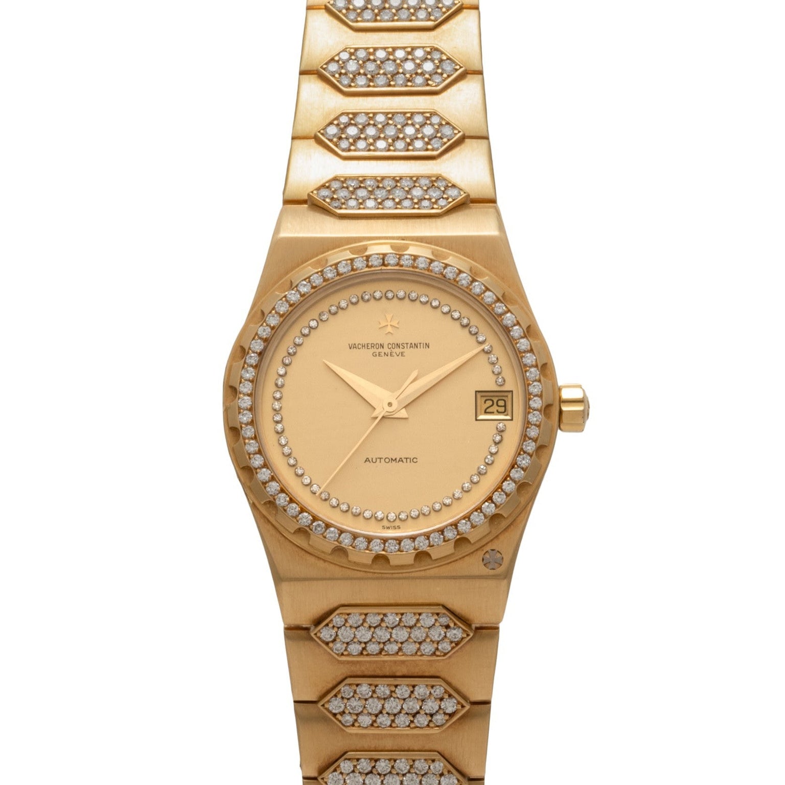 The Vacheron Constantin 222 is a gold watch with diamond accents on the bezel and bracelet, featuring a date display.
