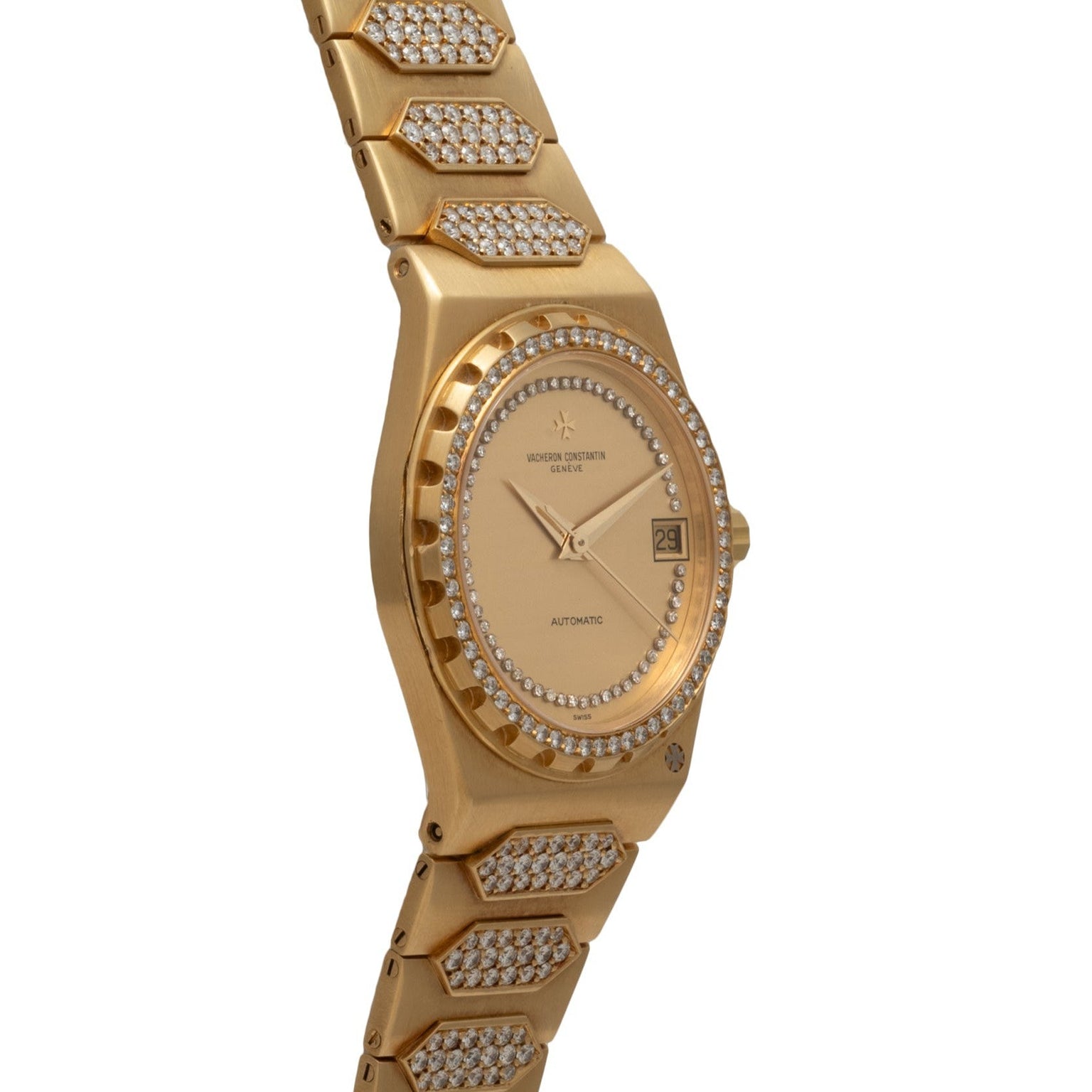 The Vacheron Constantin 222 gold wristwatch features diamond accents on the face and band, with a date display at 3 oclock.
