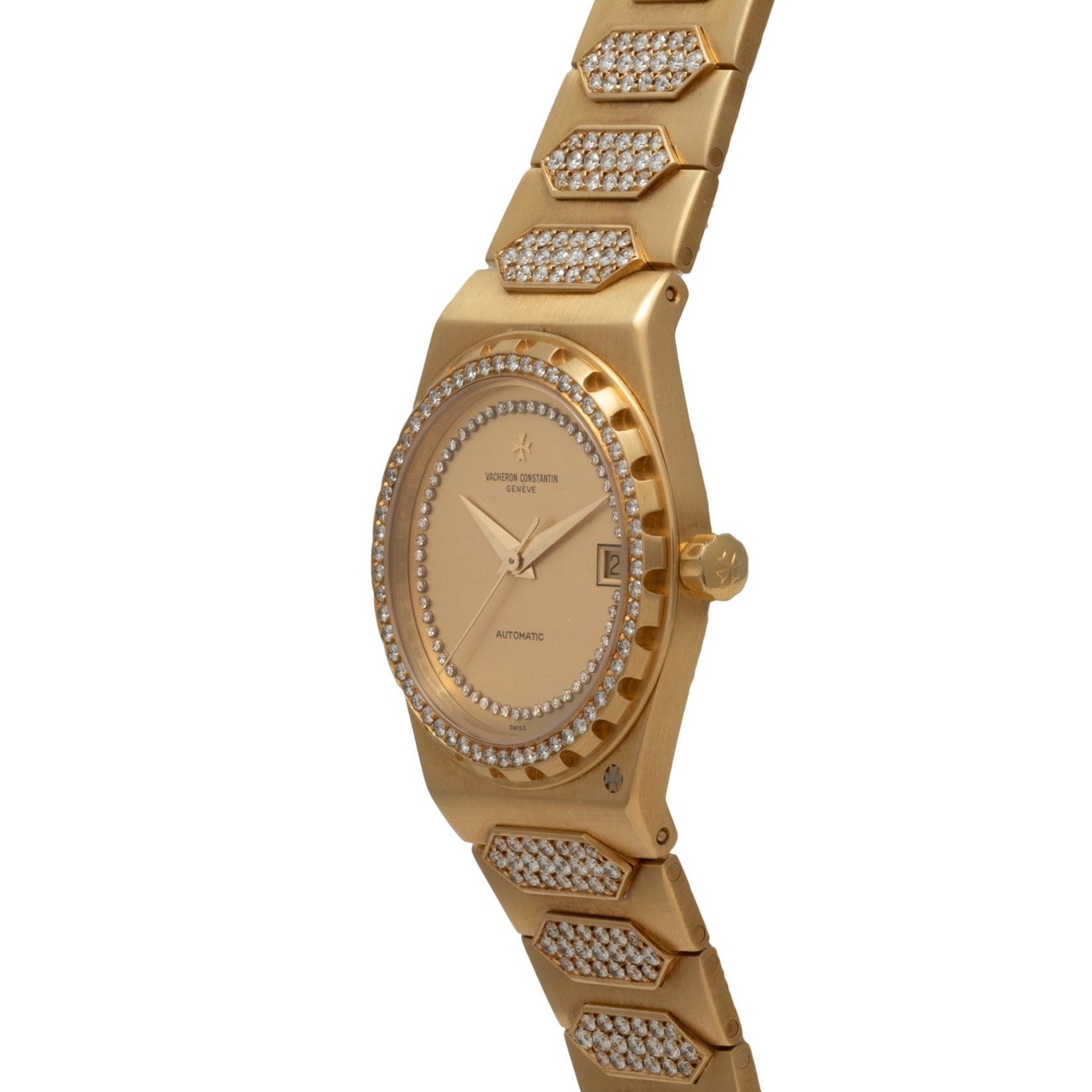 Vacheron Constantin 222 luxury gold wristwatch with diamond-accented bezel and band, shown at an angle on a white background.