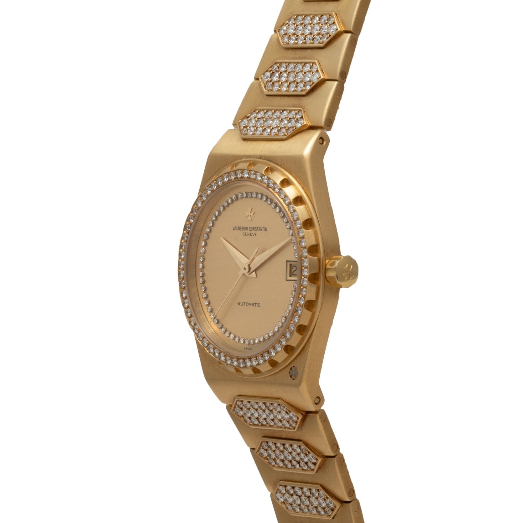 Vacheron Constantin 222 luxury gold wristwatch with diamond-accented bezel and band, shown at an angle on a white background.