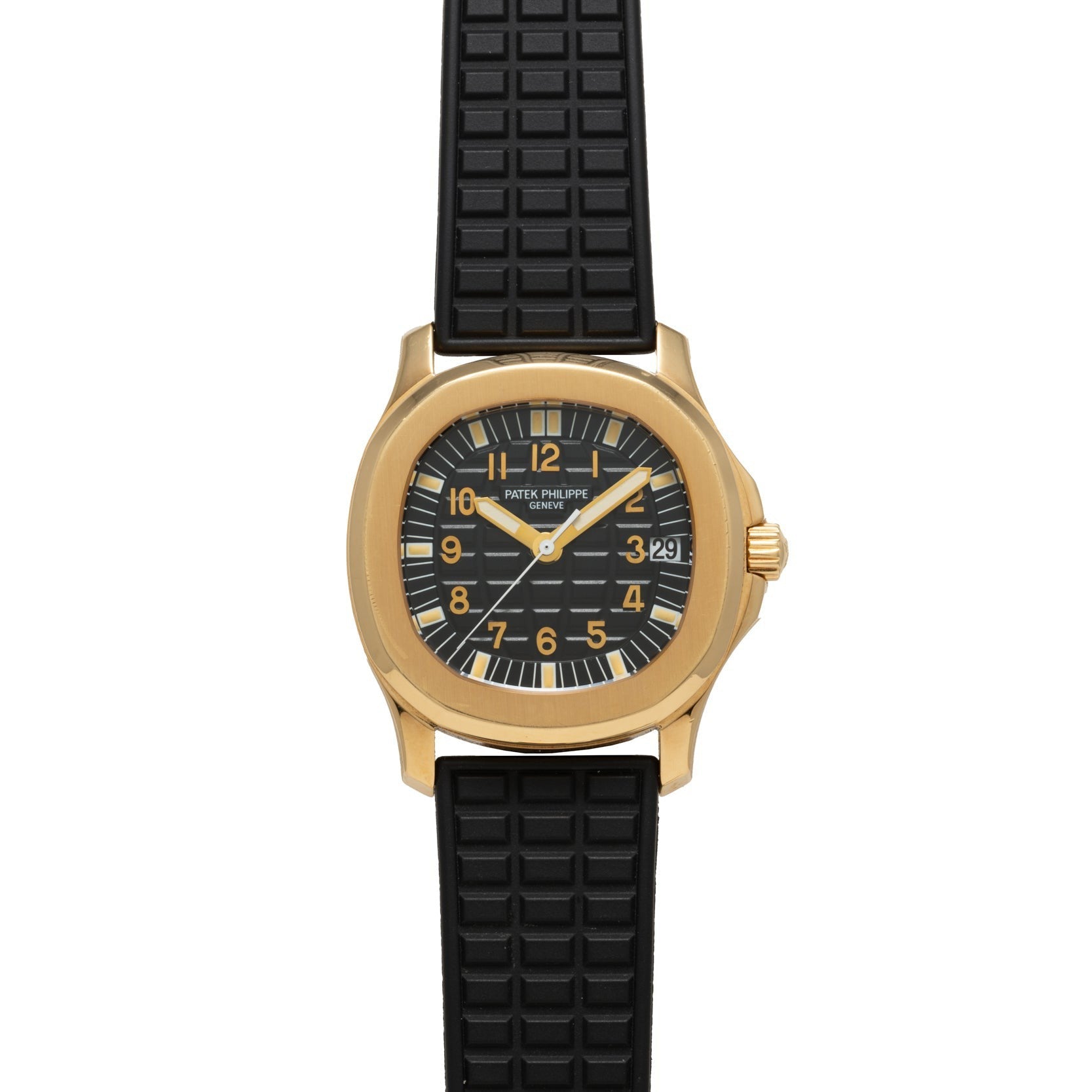 The Patek Philippe Aquanaut features a gold case, black textured strap, black dial with gold hour markers, and a date display.