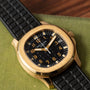 Patek Philippe Aquanaut gold wristwatch with a black patterned dial and black rubber strap, displayed on a green surface.