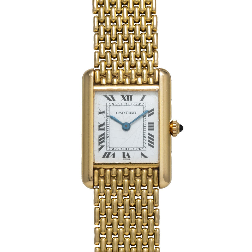 Cartier Tank Louis wristwatch featuring a gold rectangular face, Roman numerals, and a mesh band.