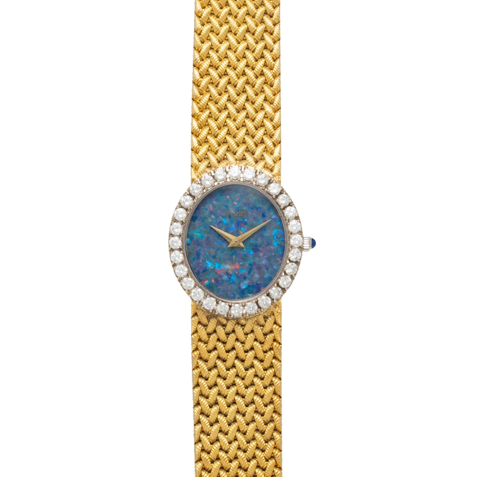 The Piaget Opal Yellow Gold Dress Watch features a blue opal face, diamond bezel, and woven yellow gold band, shown from above.