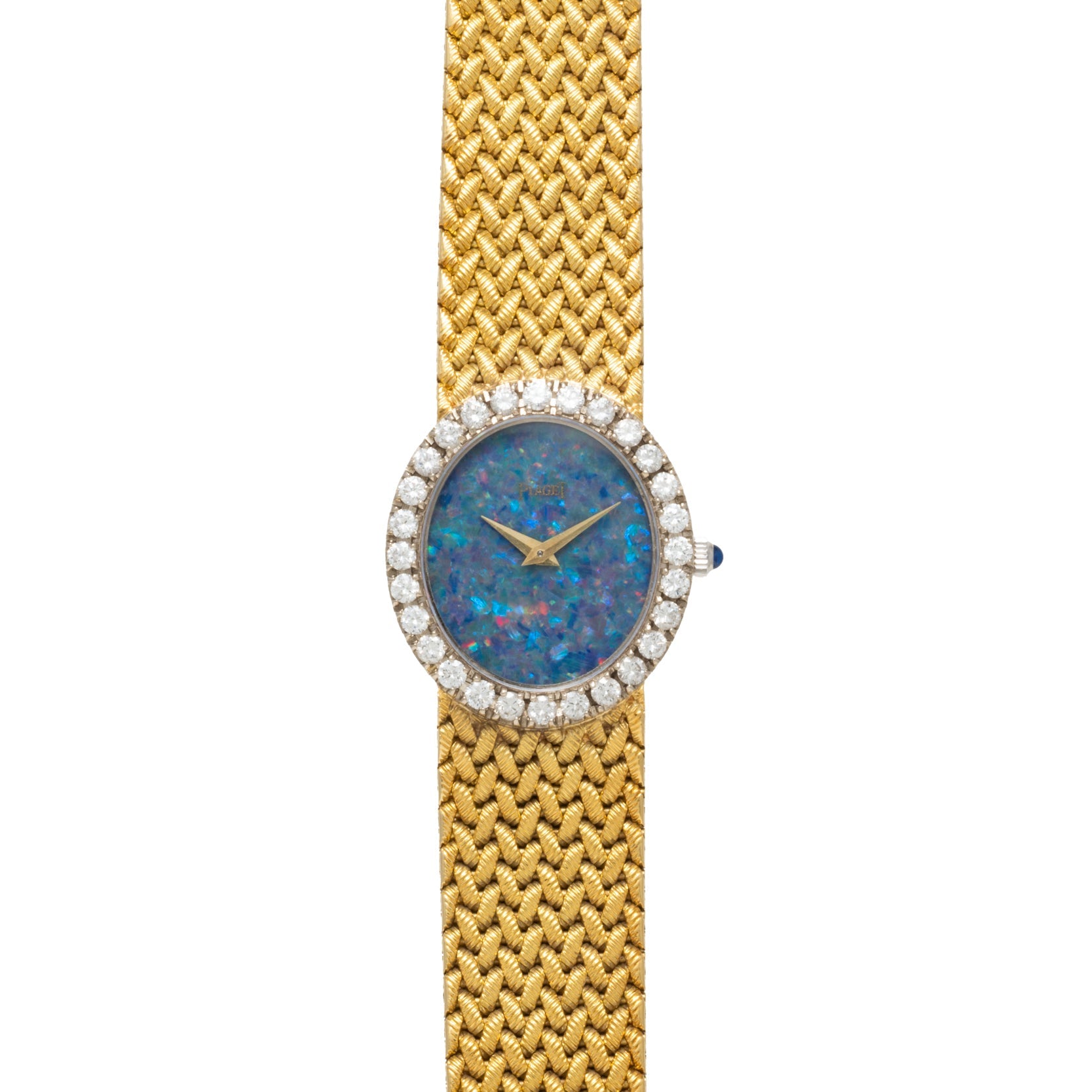 The Piaget Opal Yellow Gold Dress Watch features a blue opal face, diamond bezel, and woven yellow gold band, shown from above.
