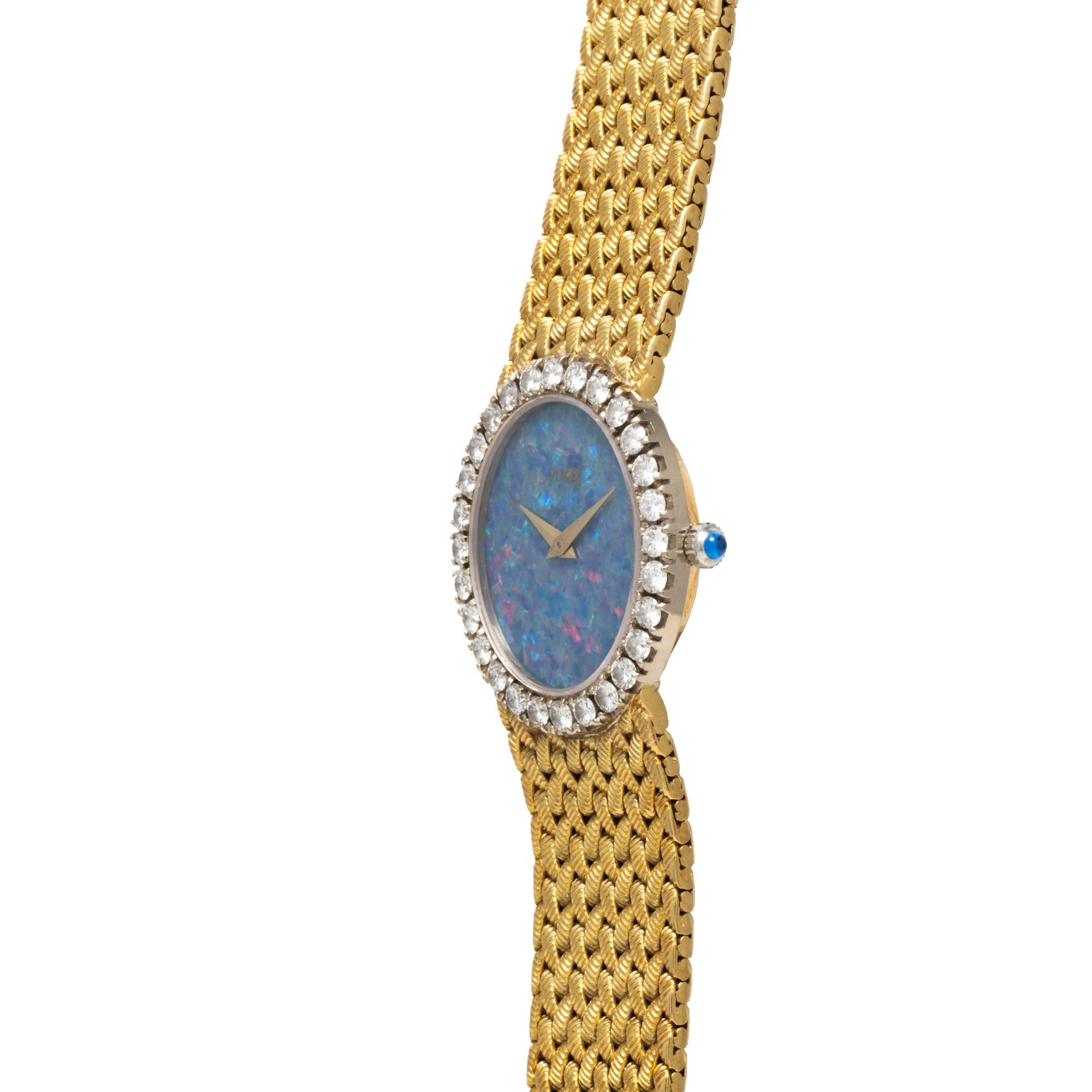 Piaget Opal Yellow Gold Dress Watch featuring a blue opal face, diamond bezel, and woven gold band, shown on a white background.