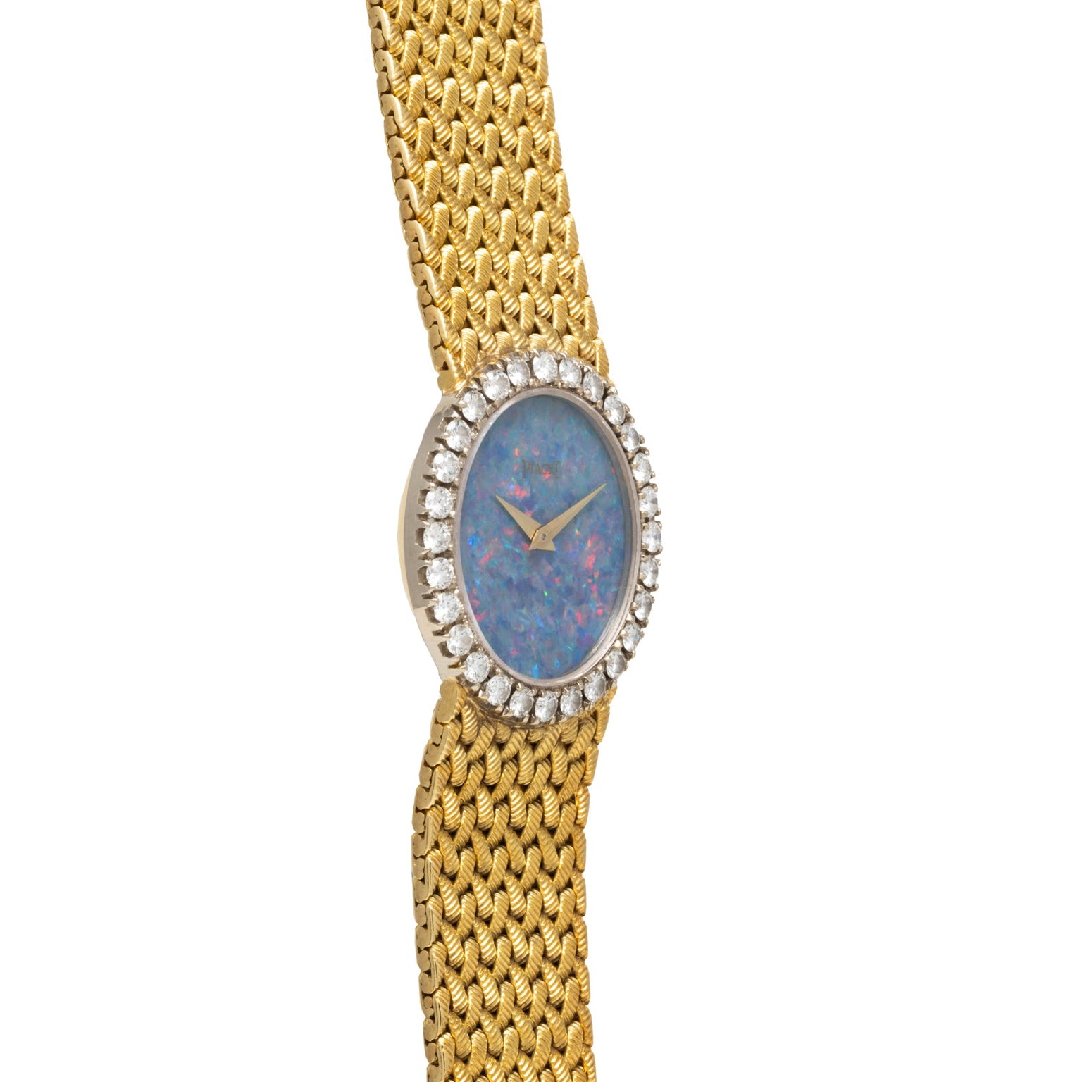 Piaget Opal Yellow Gold Dress Watch features a blue opal face, diamond bezel, and woven yellow gold bracelet.