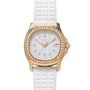 The Patek Philippe Aquanaut Ladies watch features gold, diamonds, a white textured strap, and a date display.