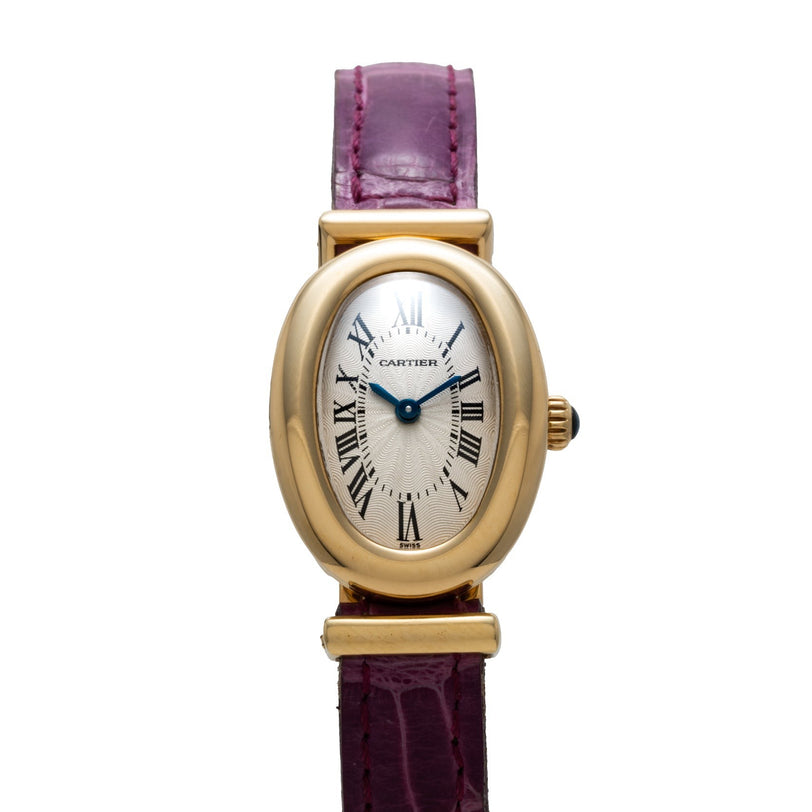 Cartier Baignoire wristwatch with Roman numerals and a purple leather strap, displayed on a white background.