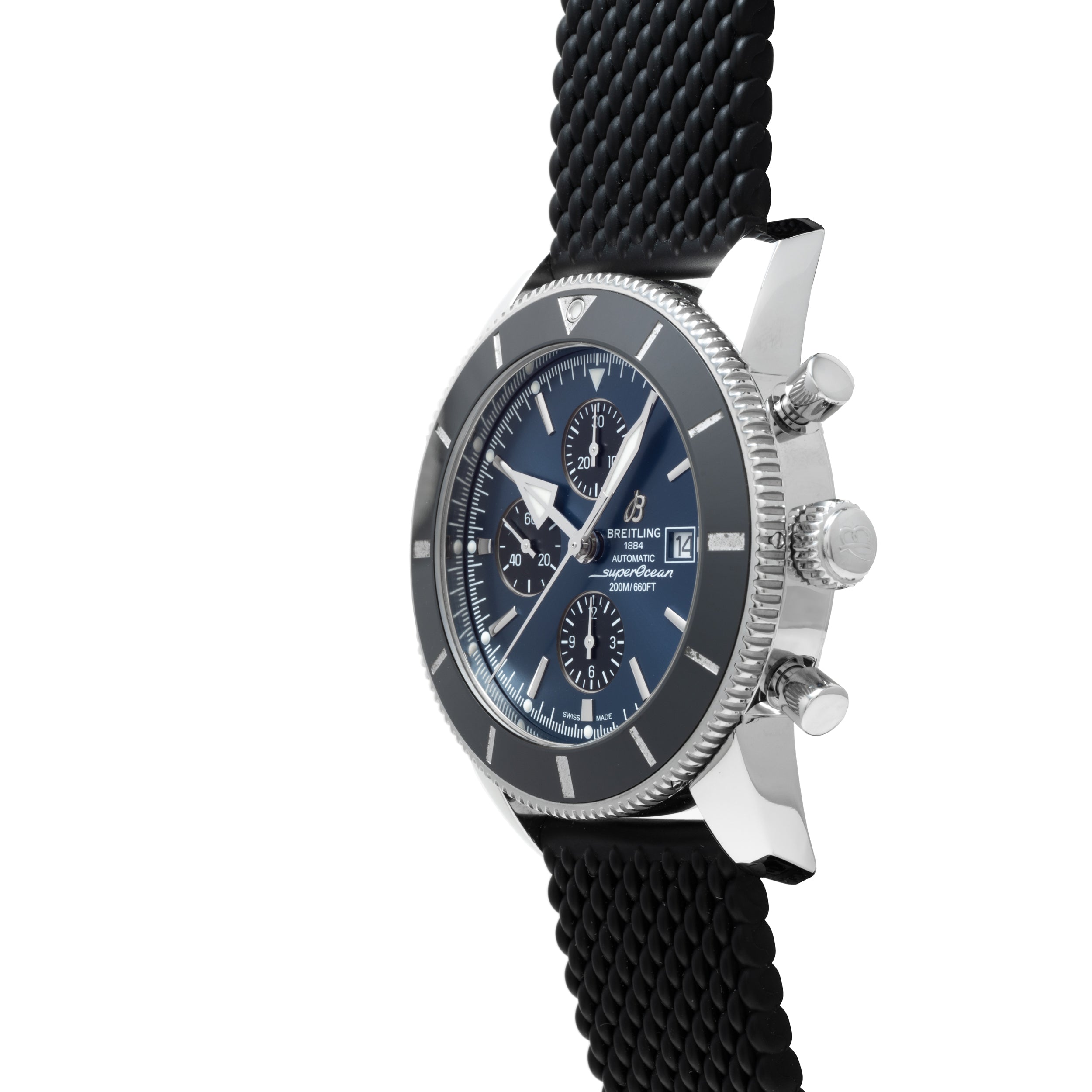 Side view of the Breitling SuperOcean B01 Chronograph 44 wristwatch featuring a black strap, blue dial, and three chronograph subdials.