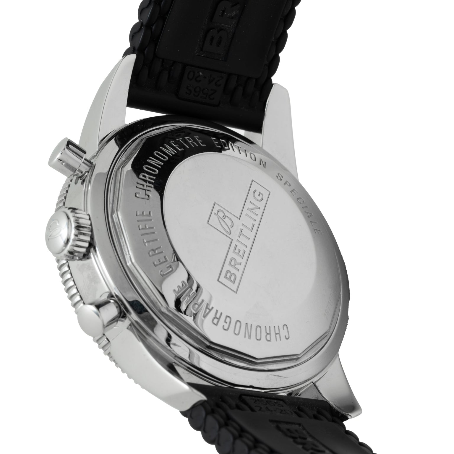 Close-up of the back of a Breitling SuperOcean B01 Chronograph 44, featuring a black strap and engraved markings on its silver case.