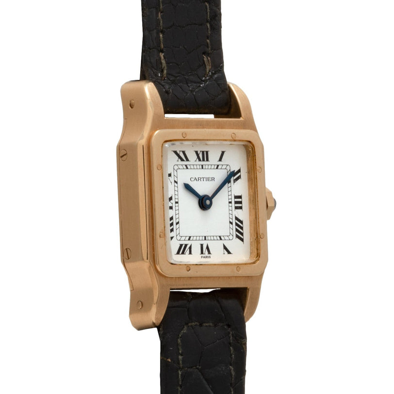 Cartier Santos Mini watch with a square face, Roman numerals, and a black leather strap.
