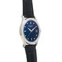 The Patek Philippe Calatrava Diamond Bezel features a black leather strap, blue dial, diamond bezel, and silver hour markers.