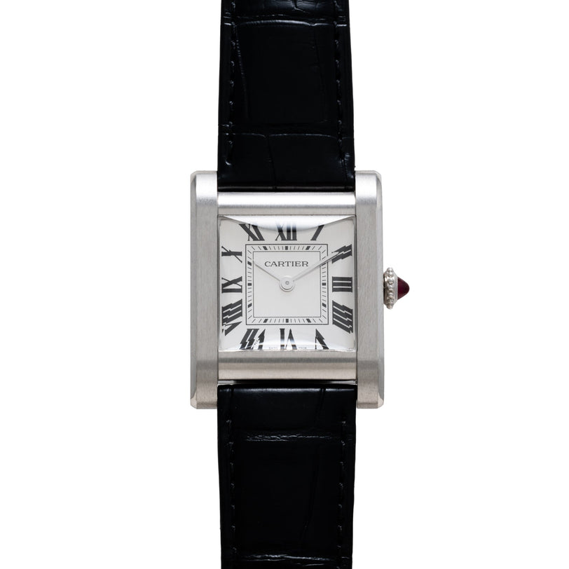 Cartier Tank Normale watch featuring a square case, black leather strap, and Roman numerals on a white dial.