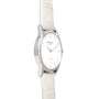 Side view of the Patek Philippe Calatrava watch featuring a white strap and diamond-set bezel, displayed on a white background.