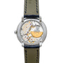 Back view of the Patek Philippe Calatrava showcasing its intricate mechanical movement and dark stitched leather strap.