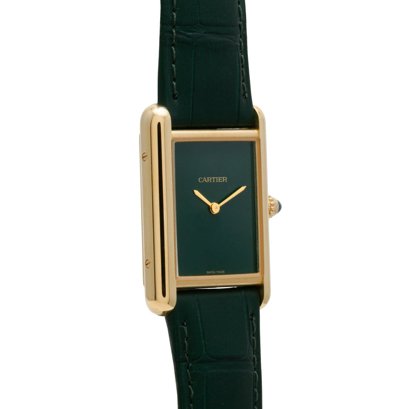 Cartier Tank Louis watch with a green dial and green leather strap, rectangular gold case, displayed at a slight angle.