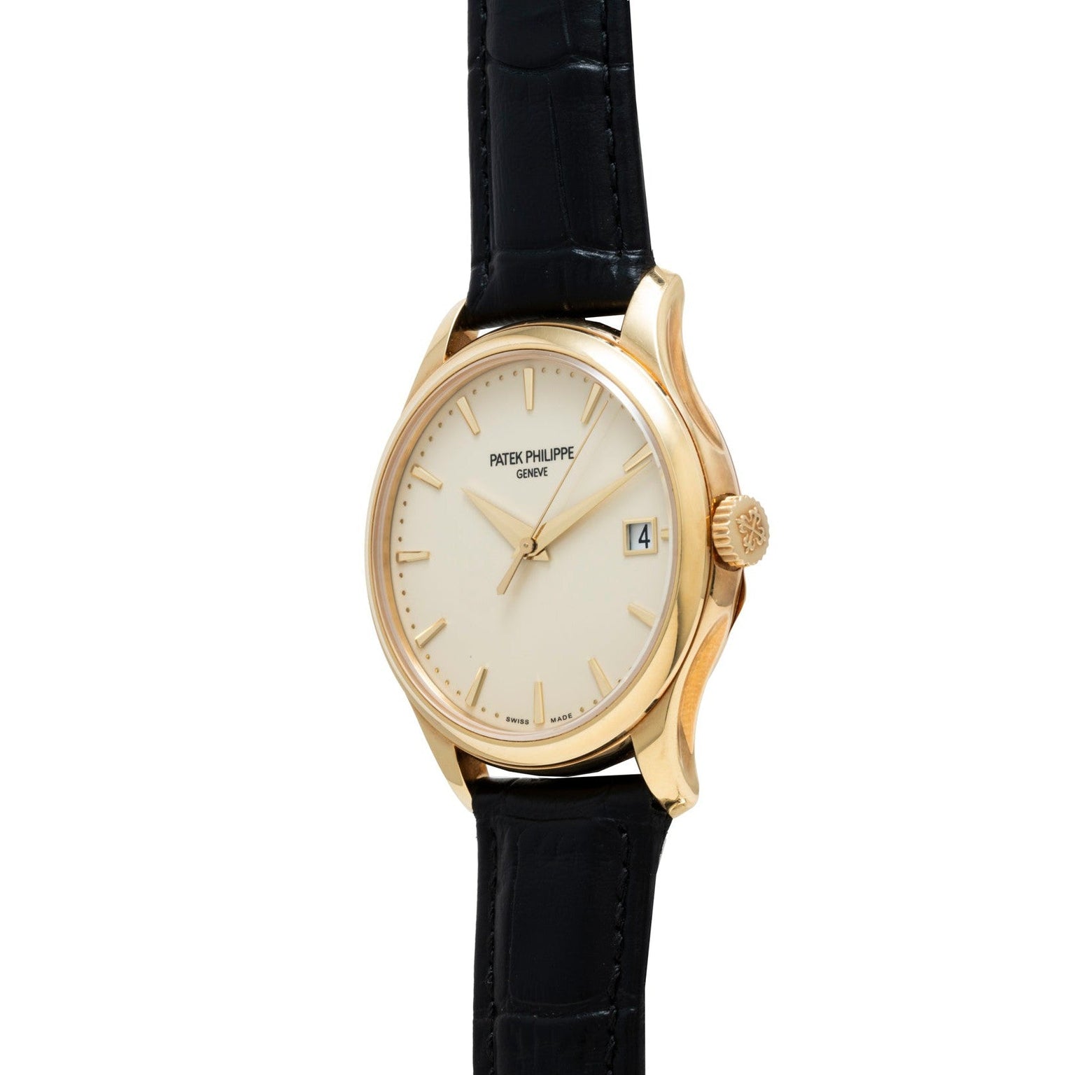 Patek Philippe Calatrava wristwatch featuring a gold case, black leather strap, and a date display on a white dial.