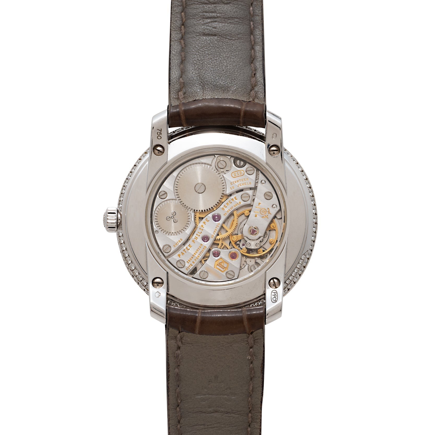 Back view of the Patek Philippe Ladies Complication wristwatch showcasing its intricate mechanical movement and brown leather strap.