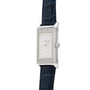 The Jaeger-LeCoultre Reverso Classique Ladies watch features a silver rectangular case, diamond accents, and a blue leather strap, displayed on a white background.
