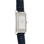Jaeger-LeCoultre Reverso Classique Ladies watch featuring a rectangular silver case, diamond bezel, white dial, and blue leather strap, shown at an angle.