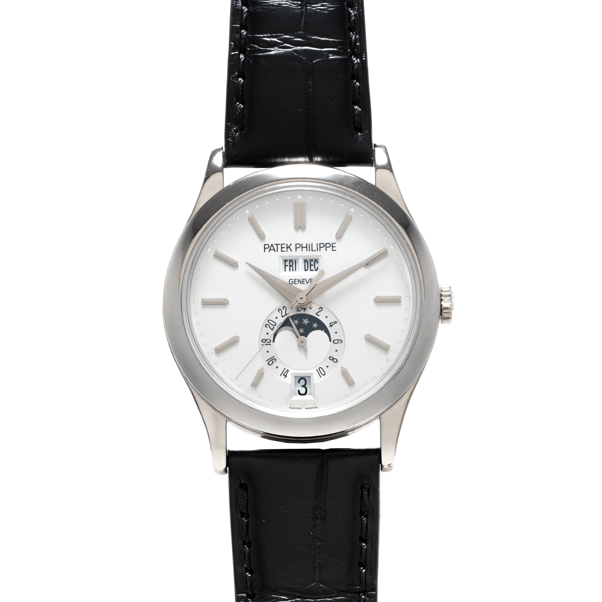 Patek Philippe Annual Calendar Moonphase watch in silver with black leather strap, white dial, date display, and moon phase complication.