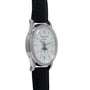 The Patek Philippe Annual Calendar Moonphase wristwatch features a black leather strap and moon phase display, shown from the side.