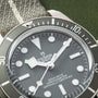 Close-up of the TUDOR Black Bay 58 Silver dive watch, featuring a grey dial, white markers, and a fabric strap.
