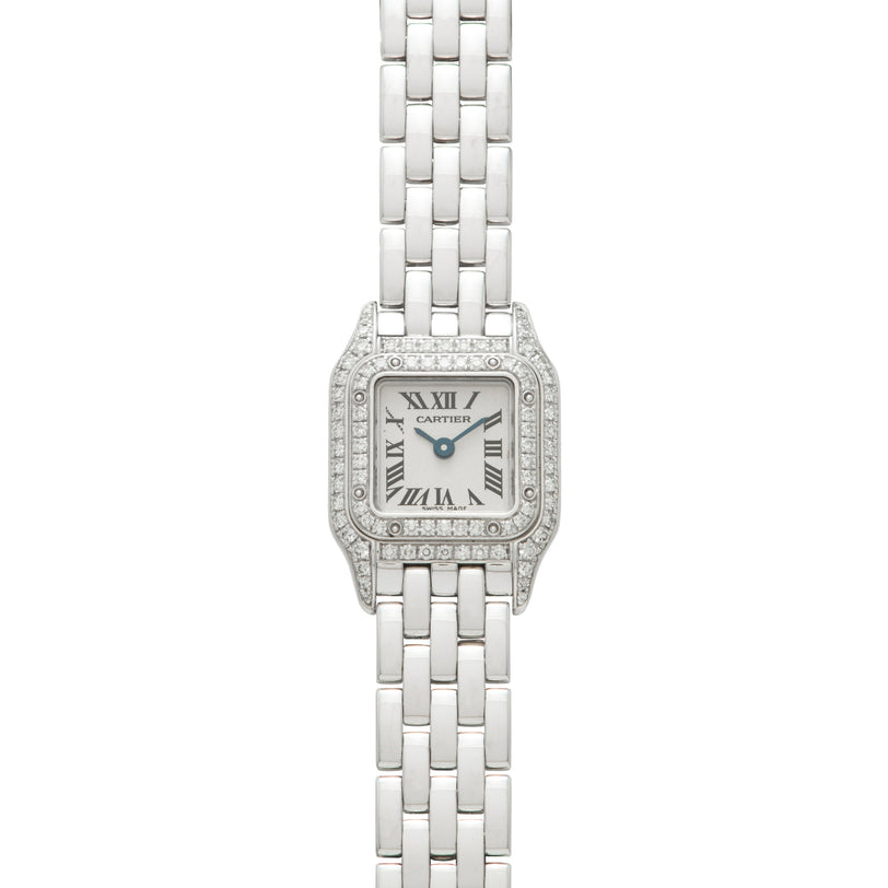 Cartier Panthere watch with square dial, diamond-set bezel, Roman numerals, and stainless steel bracelet.
