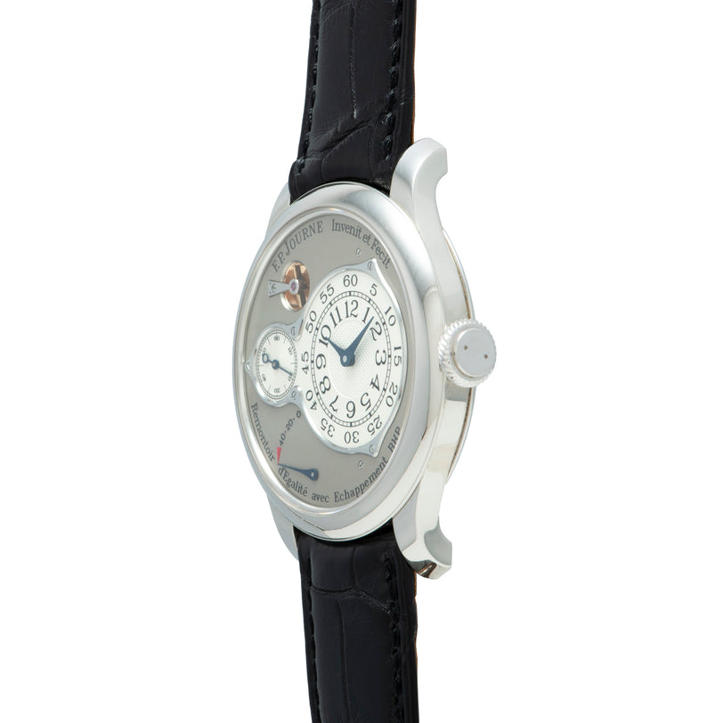 F.P. Journe Chronomètre Optimum with white dial, subsidiary seconds, black leather strap, and silver case.