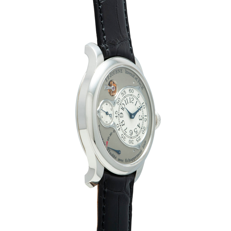 Silver-toned watch with silver dial, multiple subdials, and black leather strap.
