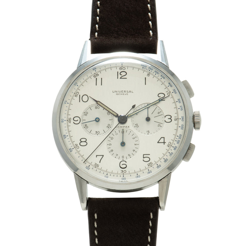 Stainless steel chronograph watch with cream dial, Arabic numerals, multiple subdials, and black leather strap with white sti