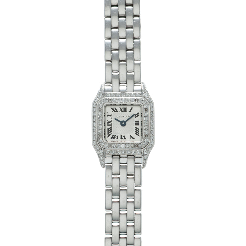 White gold square watch with diamond-set bezel, cream dial, Roman numerals, and matching multi-link bracelet.