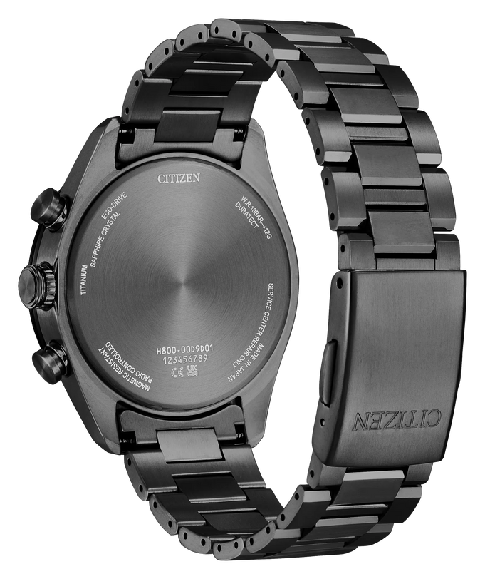 Black titanium chronograph watch with 42mm case, segmented bracelet, and subsidiary dials.