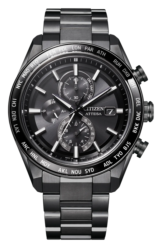 Black titanium chronograph watch with subdials, white hour markers, and world city bezel on matching bracelet.