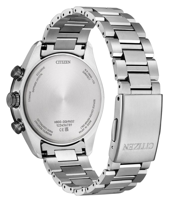 Citizen Attesa Black 42mm titanium watch with silver dial, chronograph pushers, and matching titanium bracelet, shown back an