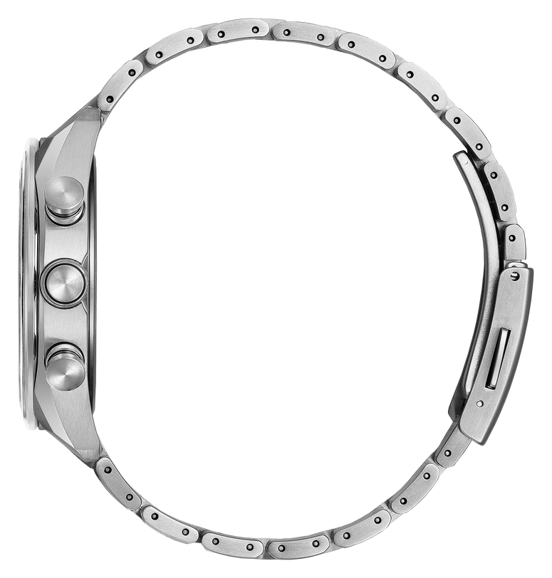 Silver titanium chronograph watch with white dial and segmented metal bracelet, shown from side angle.